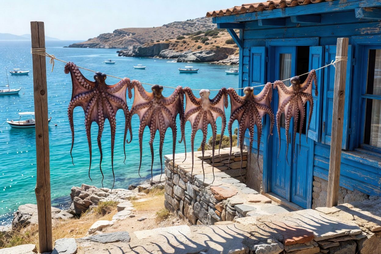 Octopus hung on clotheslines to dry in the Aegean sun beside a blue taverna