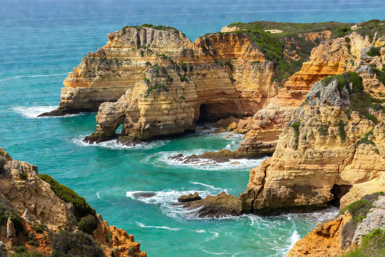 Ochre limestone cliffs and turquoise Atlantic waters along the Algarve