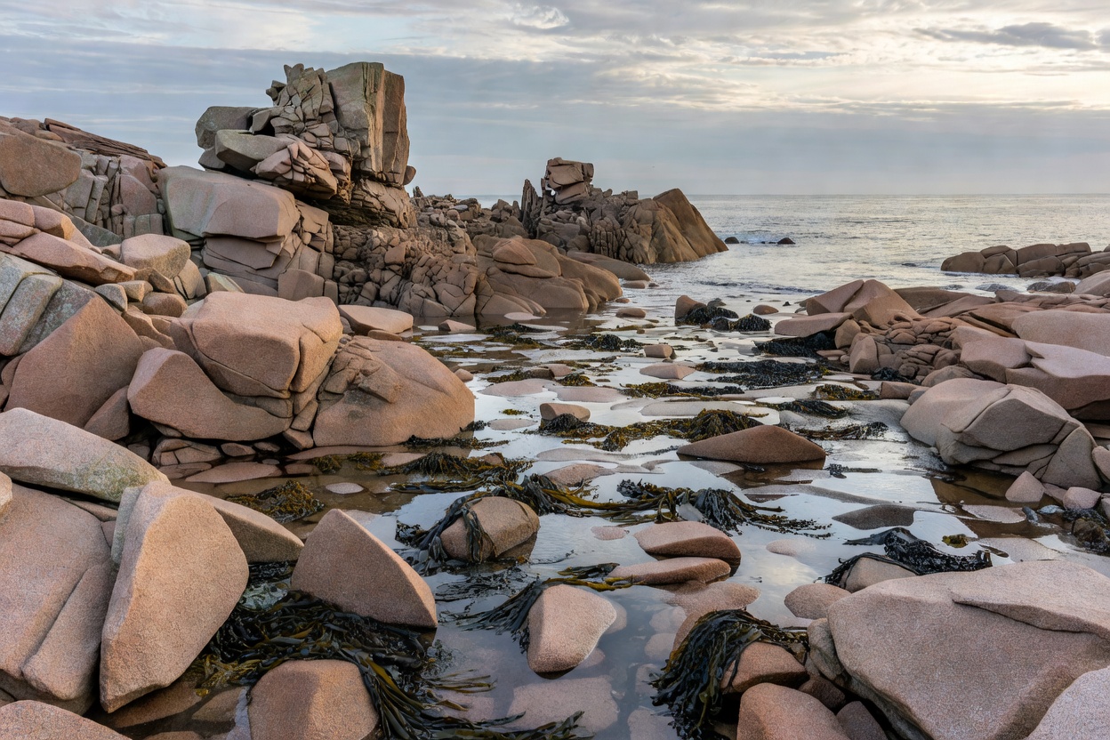 Rocky pink granite coastline of northern Brittany at low tide