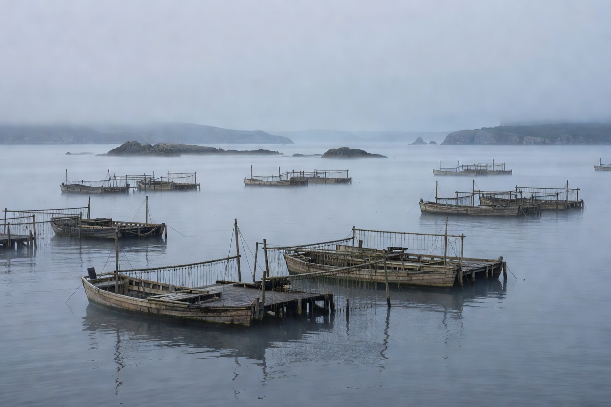 Mussel farming bateeiras platforms floating in misty Galician ria