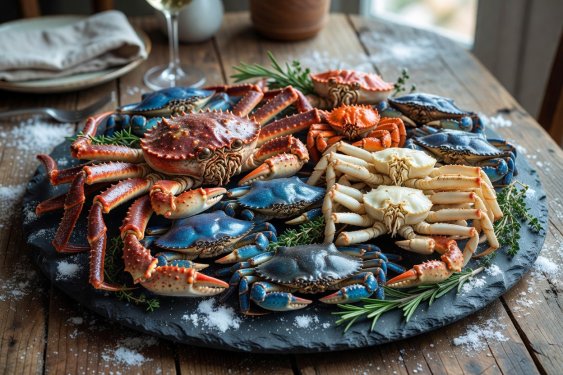 Selection of winter crustaceans laid out on slate