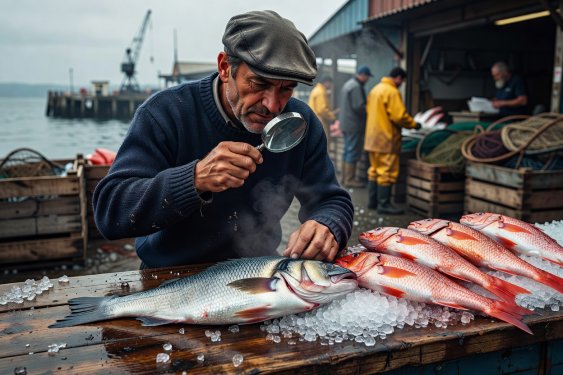 Diner inspecting whole sea bass and red mullet on ice at a harbor counter