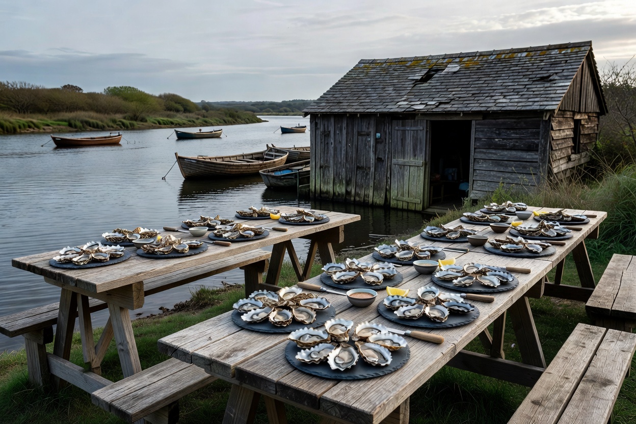 Oyster tasting tables on wooden trestles overlooking the Belon river