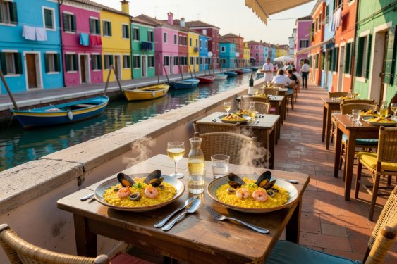 Burano canal side dining tables with seafood risotto