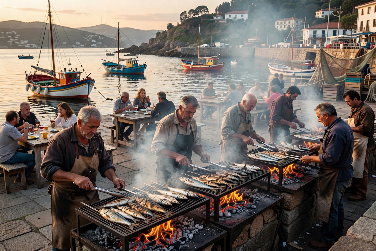 Getaria fishing port with outdoor parilla charcoal grill stations