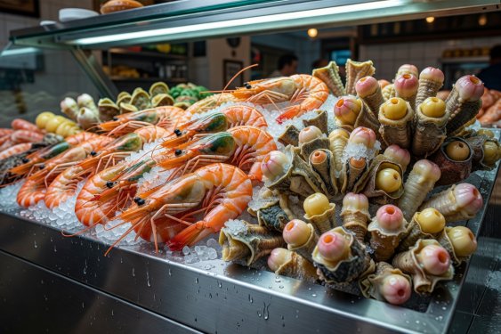 Cold stainless steel seafood counter piled with giant tiger prawns and percebes