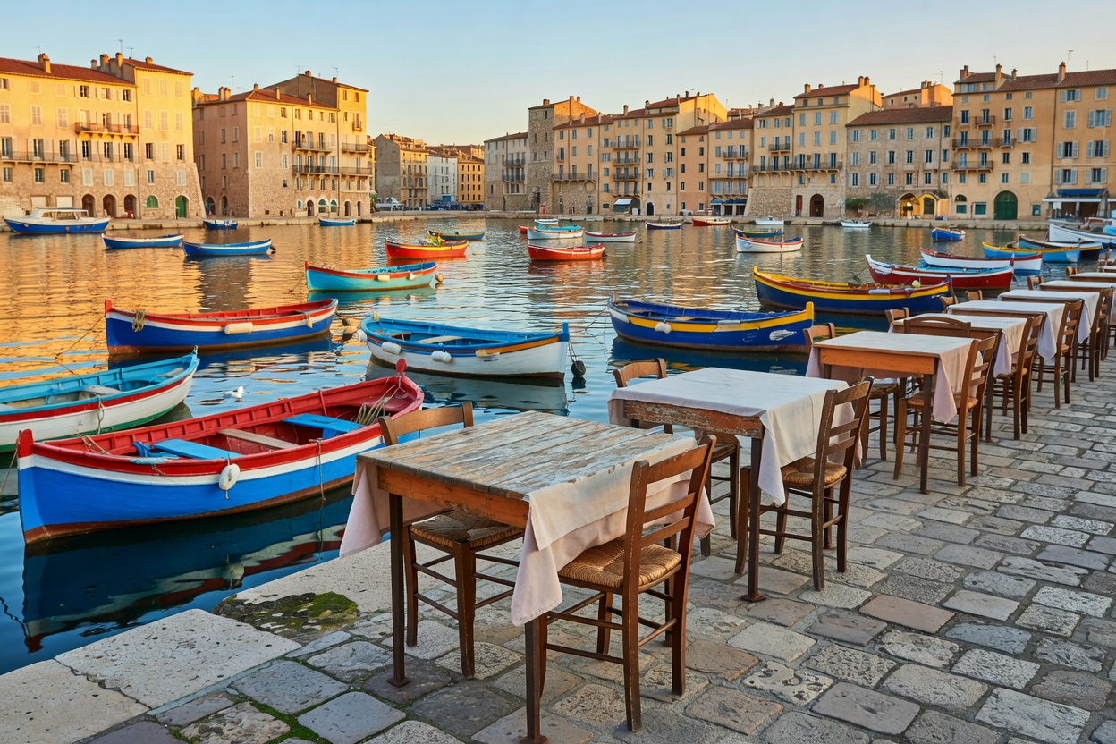 Marseille harbor inlet with dining tables overlooking fishing skiffs