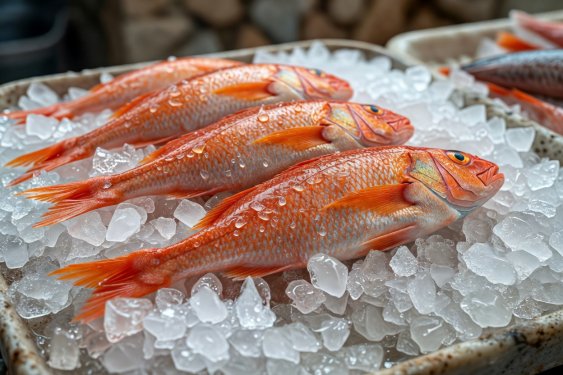 Mediterranean red mullet with bright orange skin on crushed ice