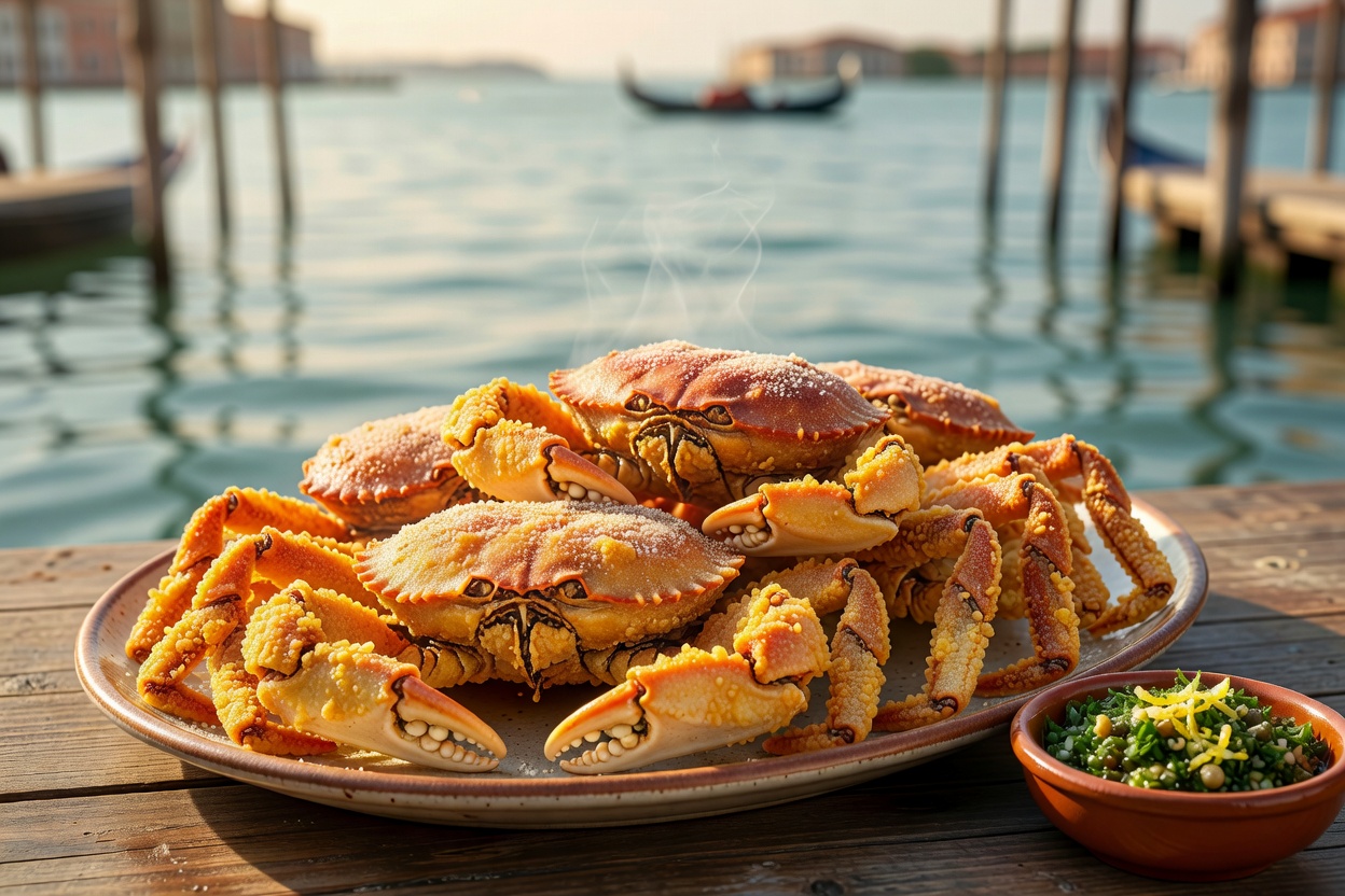 Venetian soft shell crabs dusted in polenta flour and fried golden