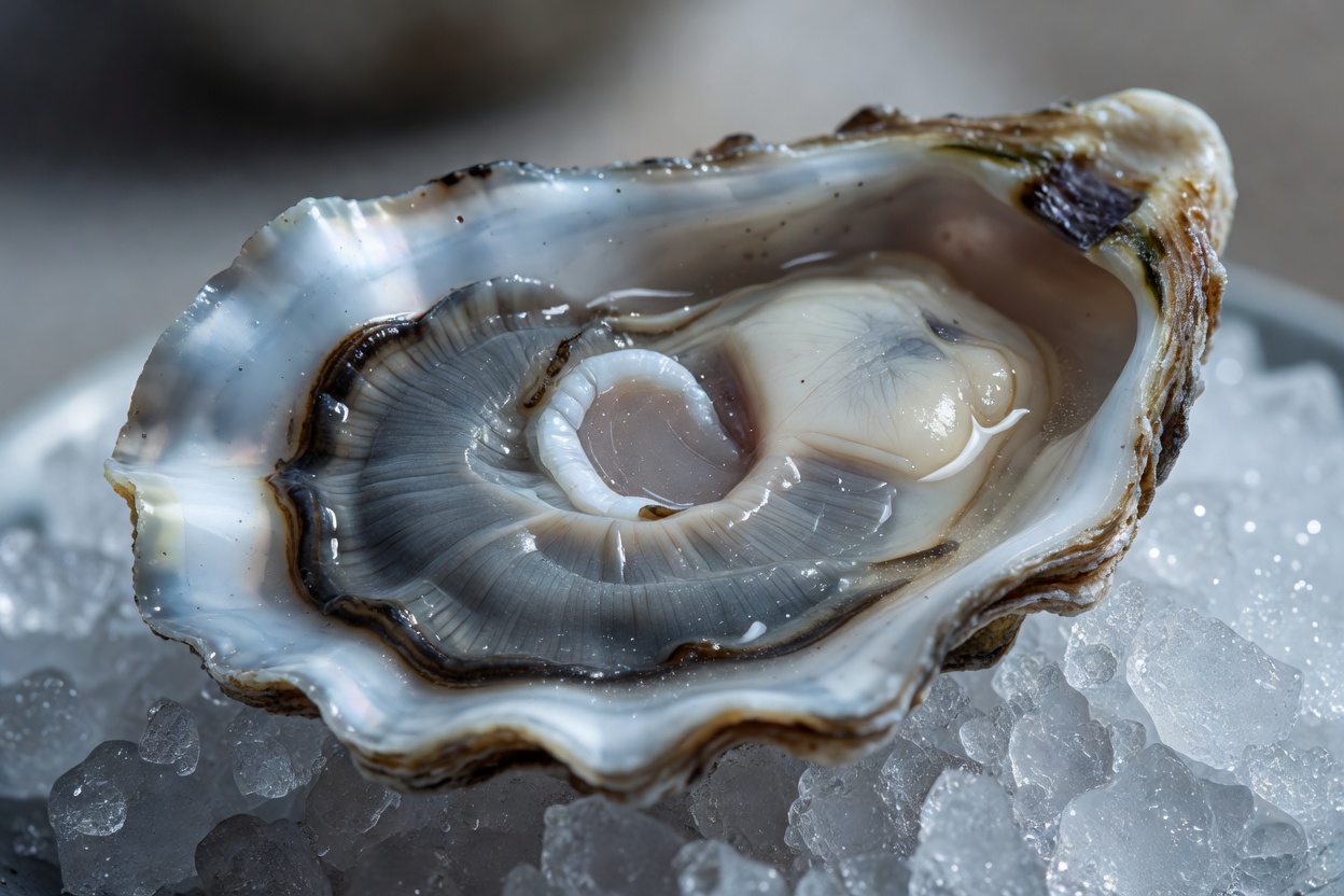Detailed close-up of a shucked flat Belon oyster showing grey mantle and liquor
