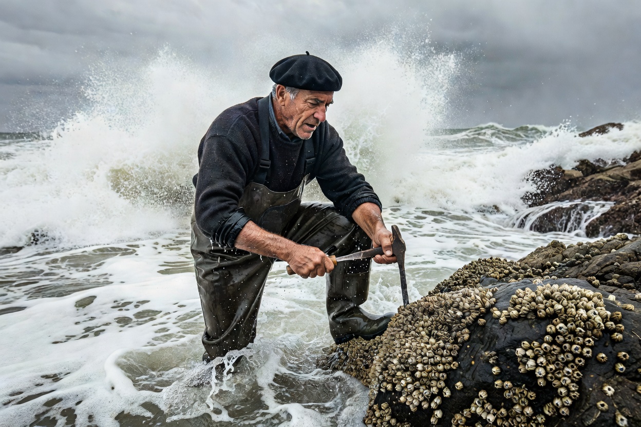 Galician percebeiro harvesting barnacles from violent Atlantic breakers