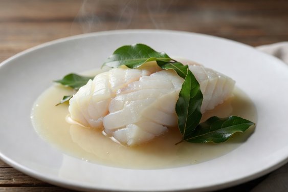 Thick cut of Arctic skrei cod poached with fresh bay leaves